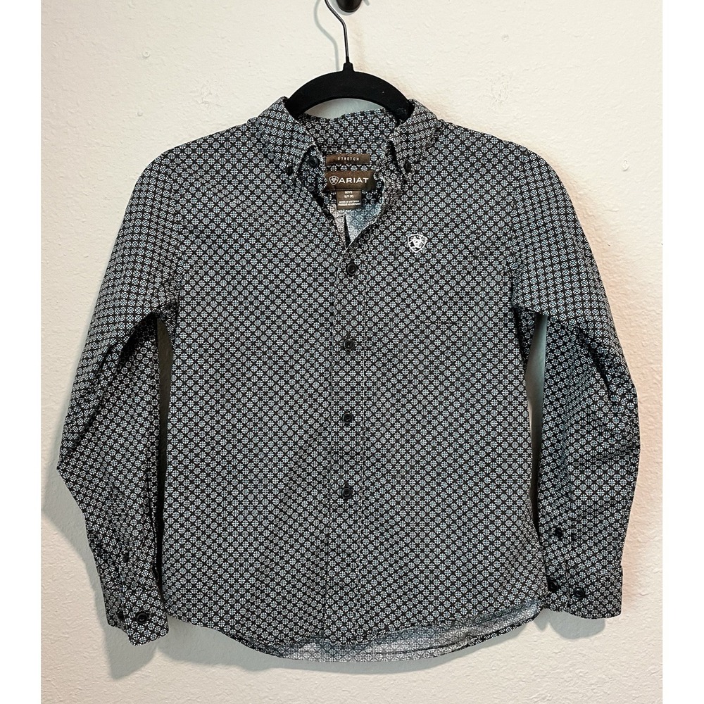 Ariat Button Up Shirt Boys Small (8) Stretch Teal Geometric Cotton Western Rodeo